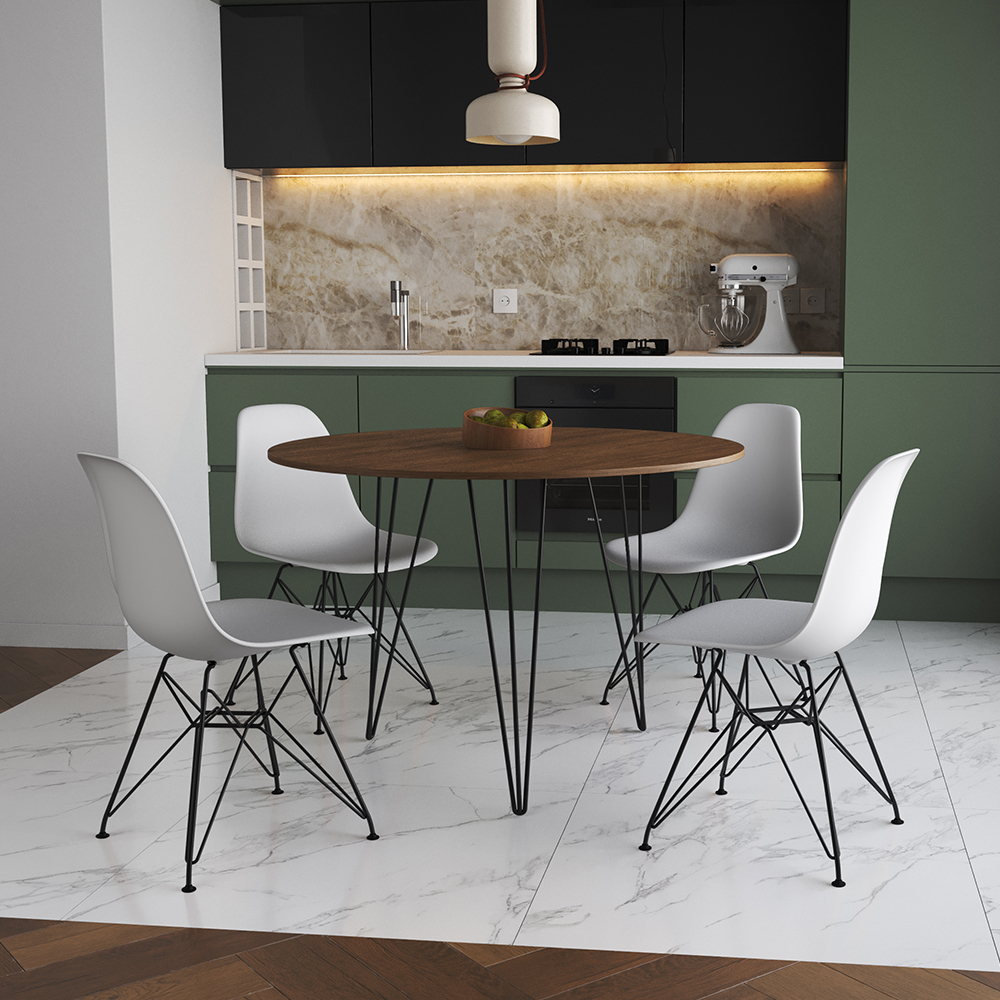 Mesa Jantar Redonda 110cm Amêndoa Clips 3 Pés Com 4 Cadeiras Eames Eiffel Brancas Ferro Preto