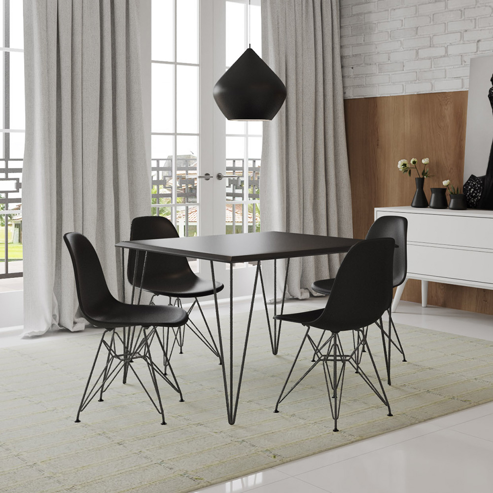Conjunto De Mesa Eames Clips De Ferro Preto Tampo Quadrado Preto 90x90  4 Cadeiras Ferro Preta Assen