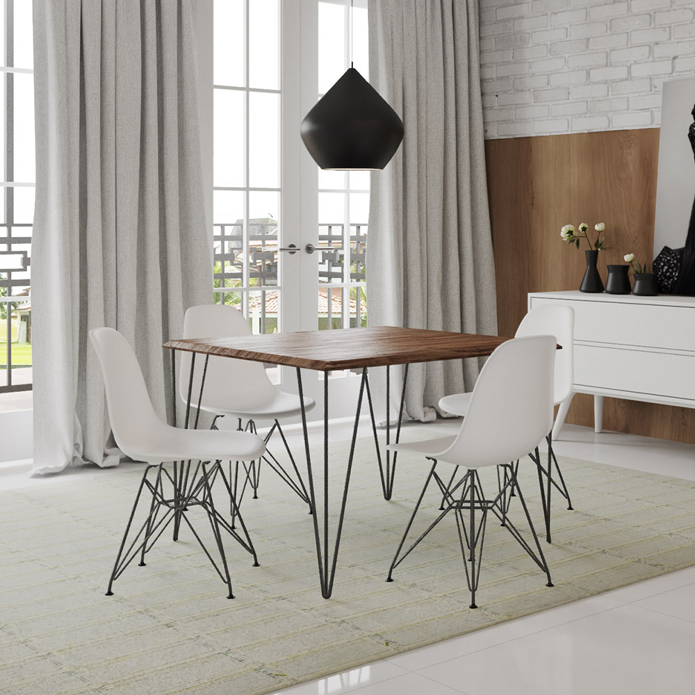Conjunto De Mesa Eames Clips De Ferro Preto Tampo Quadrado Amêndoa 90x90 4 Cadeiras Ferro Preta Asse