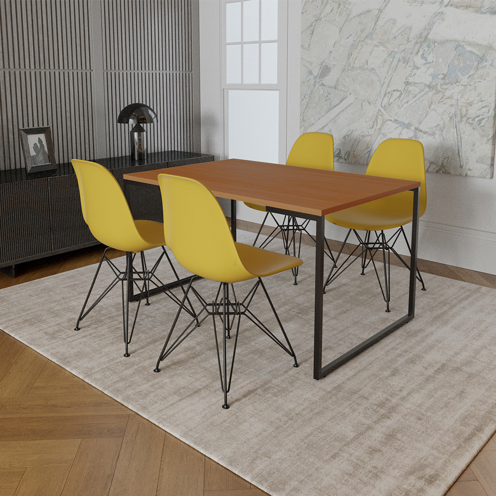 Mesa Industrial Base Ferro Preto Tampo 137x90 Canela 4 Cadeiras Ferro Preto Assento Amarelo
