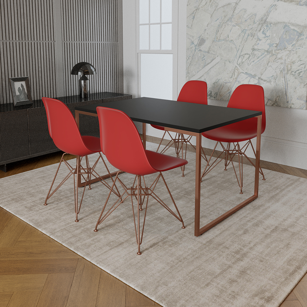 Mesa Industrial Base Ferro Cobre 137x90 Tampo Preto 4 Cadeiras Eiffel Ferro Cobre Assento Vermelho