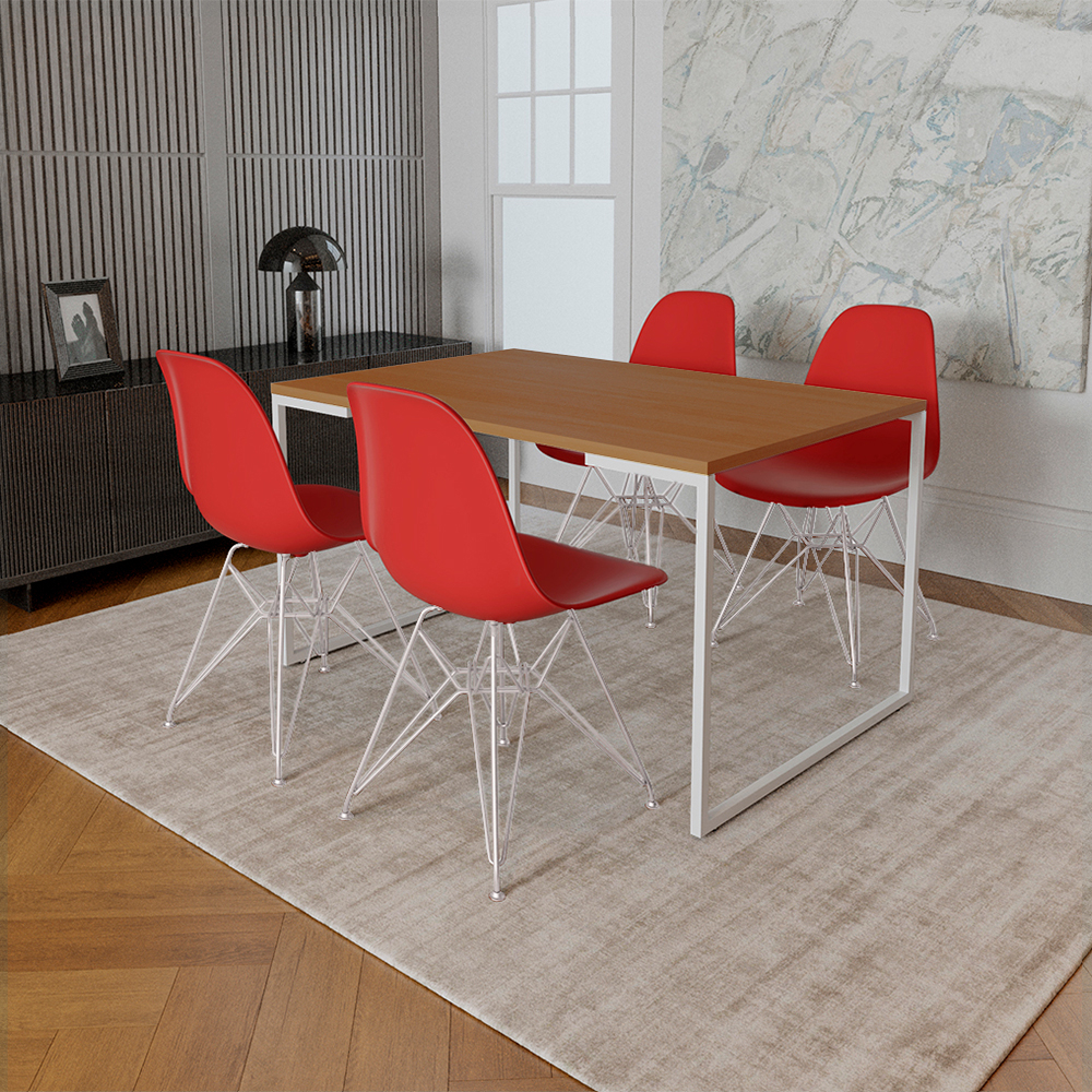 Mesa Industrial Base Ferro Branco Tampo 137x90 Canela 4 Cadeiras Ferro Branco Assento Vermelho