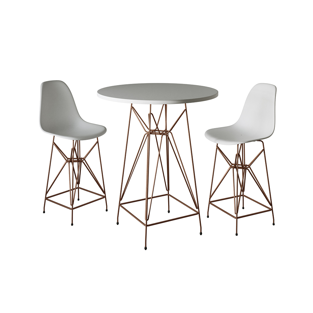 Jogo Mesa Bistrô Eames Eiffel Branca 60cm 2 Banquetas Branca Base Ferro Cobre