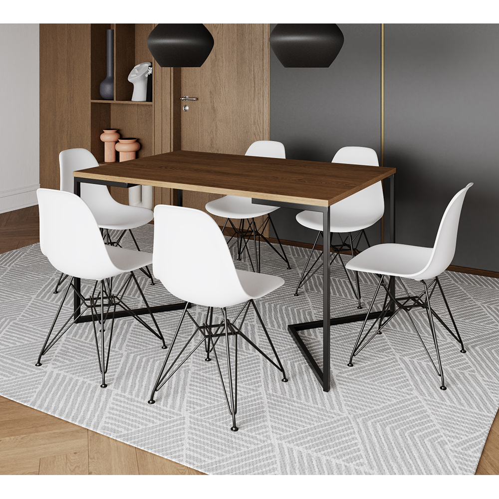 Mesa Industrial Jantar Retangular 137x90cm Amêndoa Base V Com 6 Cadeiras Eames Eiffel Brancas Ferro