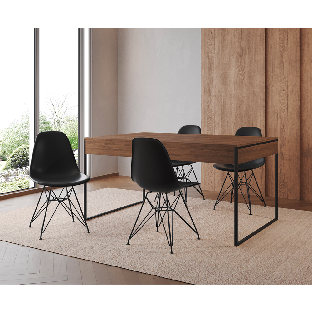 Mesa Jantar Industrial Retangular Filadélfia 137x90cm Amêndoa Com 4 Cadeiras Pretas Eames Base Ferro