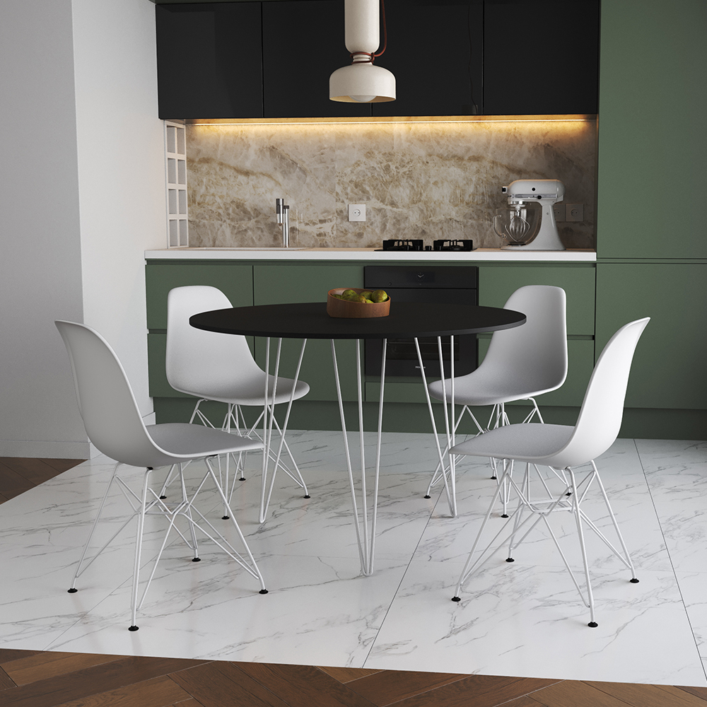 Mesa Jantar Redonda 110cm Preta Clips 3 Pés Com 4 Cadeiras Eames Eiffel Brancas Ferro Branco