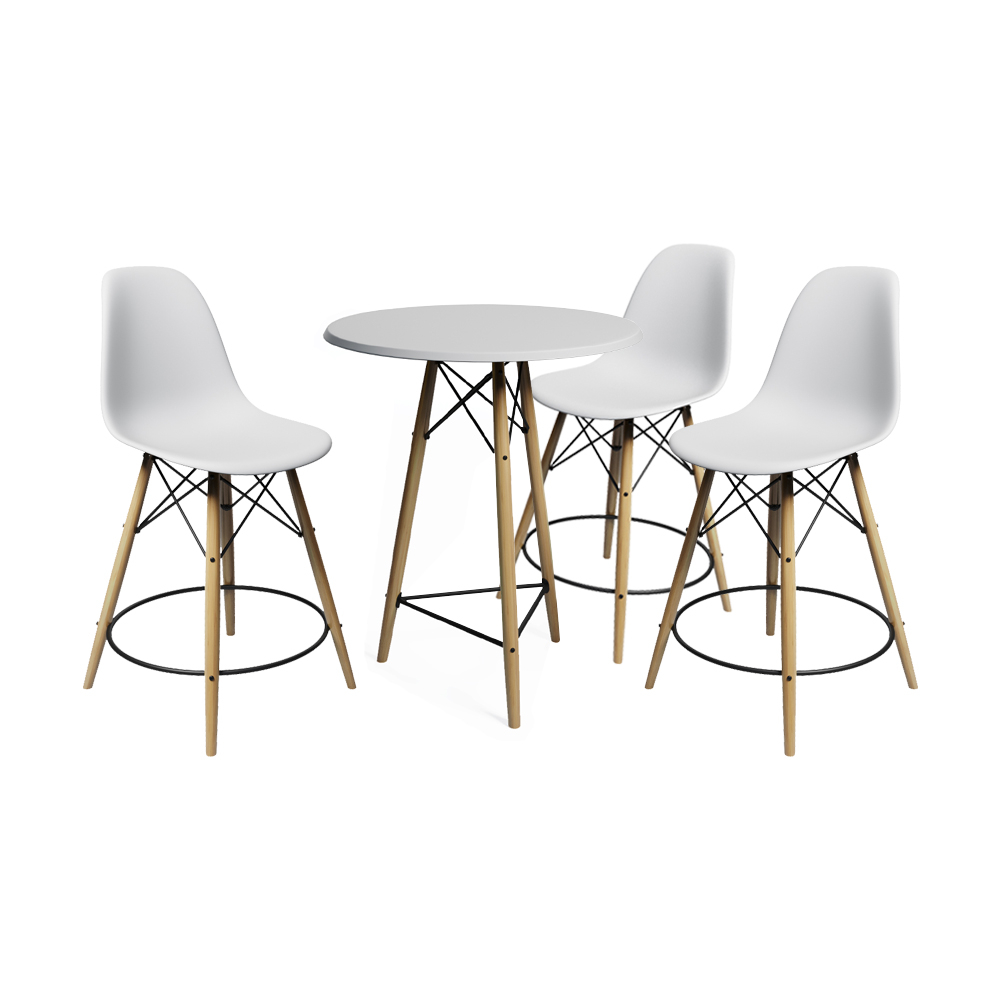 Mesa Bistrô Eames Eiffel Branca Com 3 Banquetas Brancas De Madeira