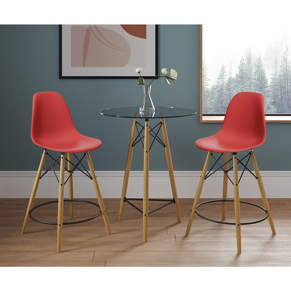 Mesa Bistrô Eames Eiffel Vidro Com 2 Banquetas Vermelhas De Madeira
