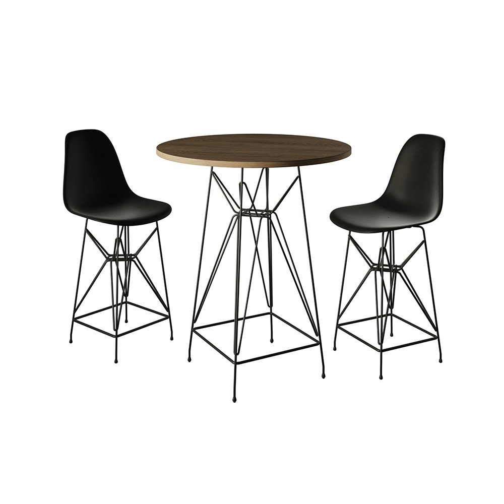 Jogo Mesa Bistrô Eames Eiffel Amêndoa 60cm 2 Banquetas Preta Base Ferro Preto