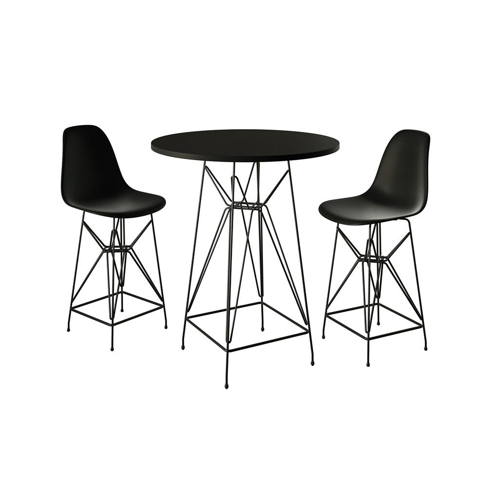 Jogo Mesa Bistrô Eames Eiffel Preta  2 Banquetas Preta Base Ferro Preto