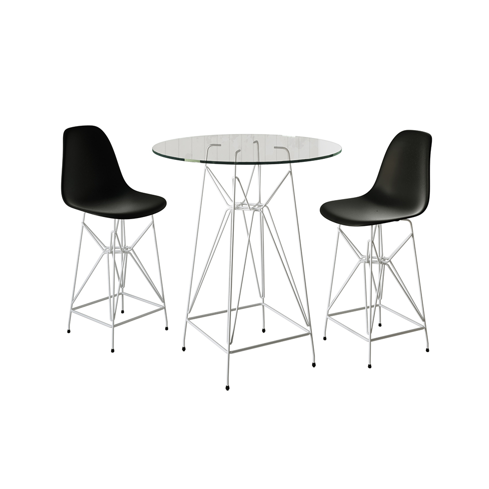 Jogo Mesa Bistrô Eames  Vidro 60cm 2 Banquetas Preta Base Ferro Branco