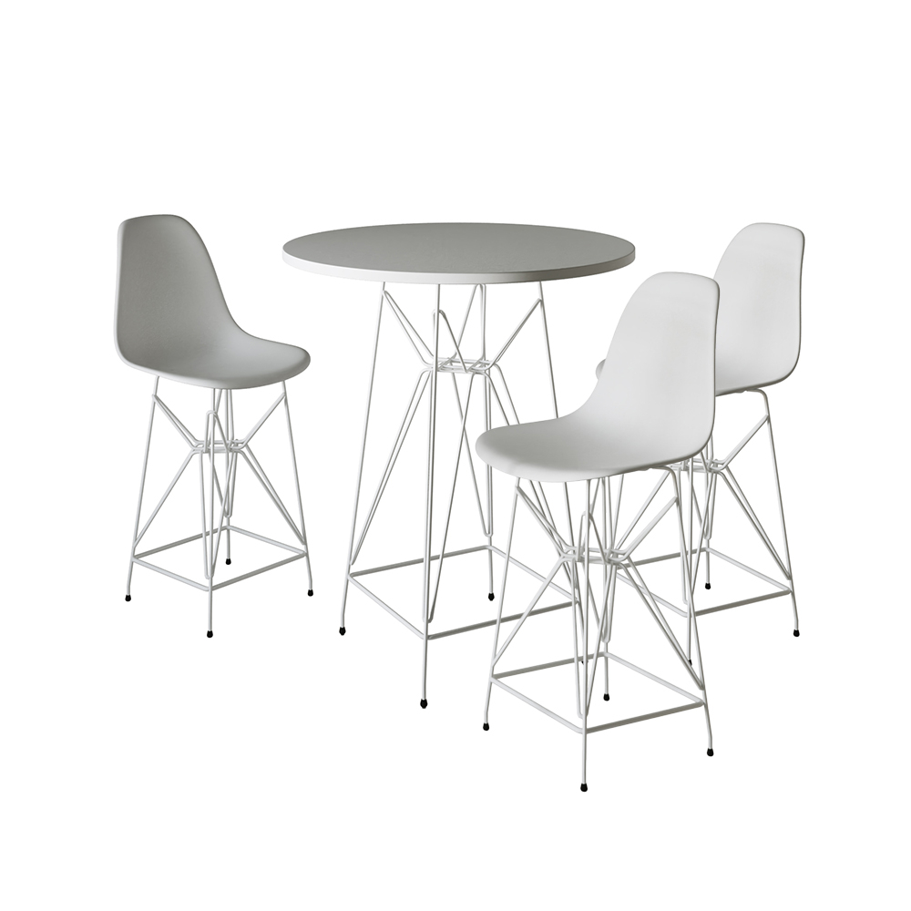 Jogo Mesa Bistrô Eames  Branca 60cm 3 Banquetas Branca Base Ferro Branco
