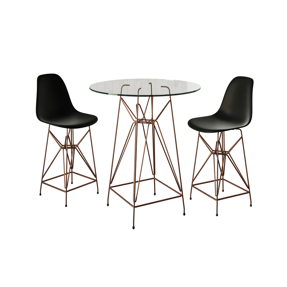 Jogo Mesa Bistrô Eames  Vidro 60cm 2 Banquetas Preta Base Ferro Cobre