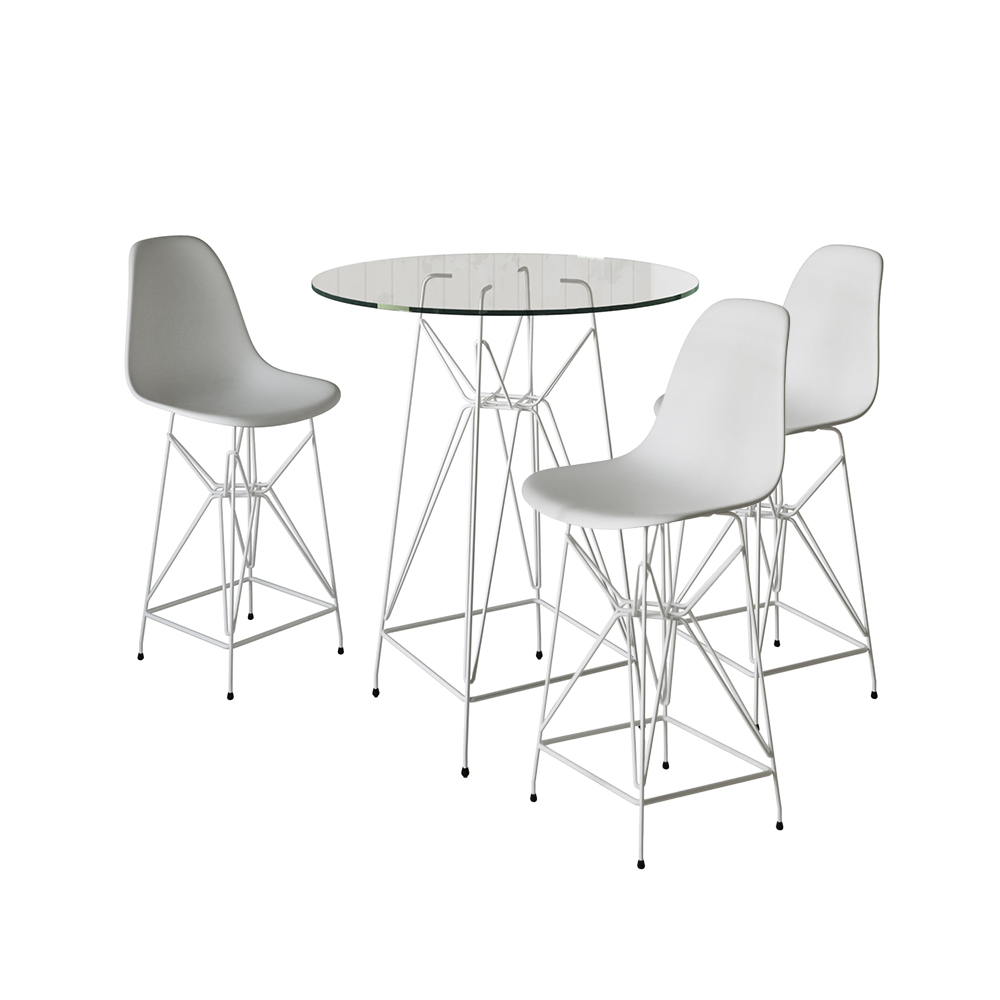 Jogo Mesa Bistrô Eames  Vidro 60cm 3 Banquetas Branca Base Ferro Branco