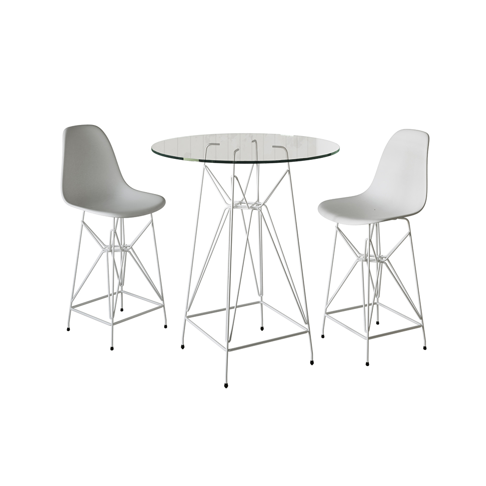 Jogo Mesa Bistrô Eames Eiffel Vidro  2 Banquetas Branca Base Ferro Branco