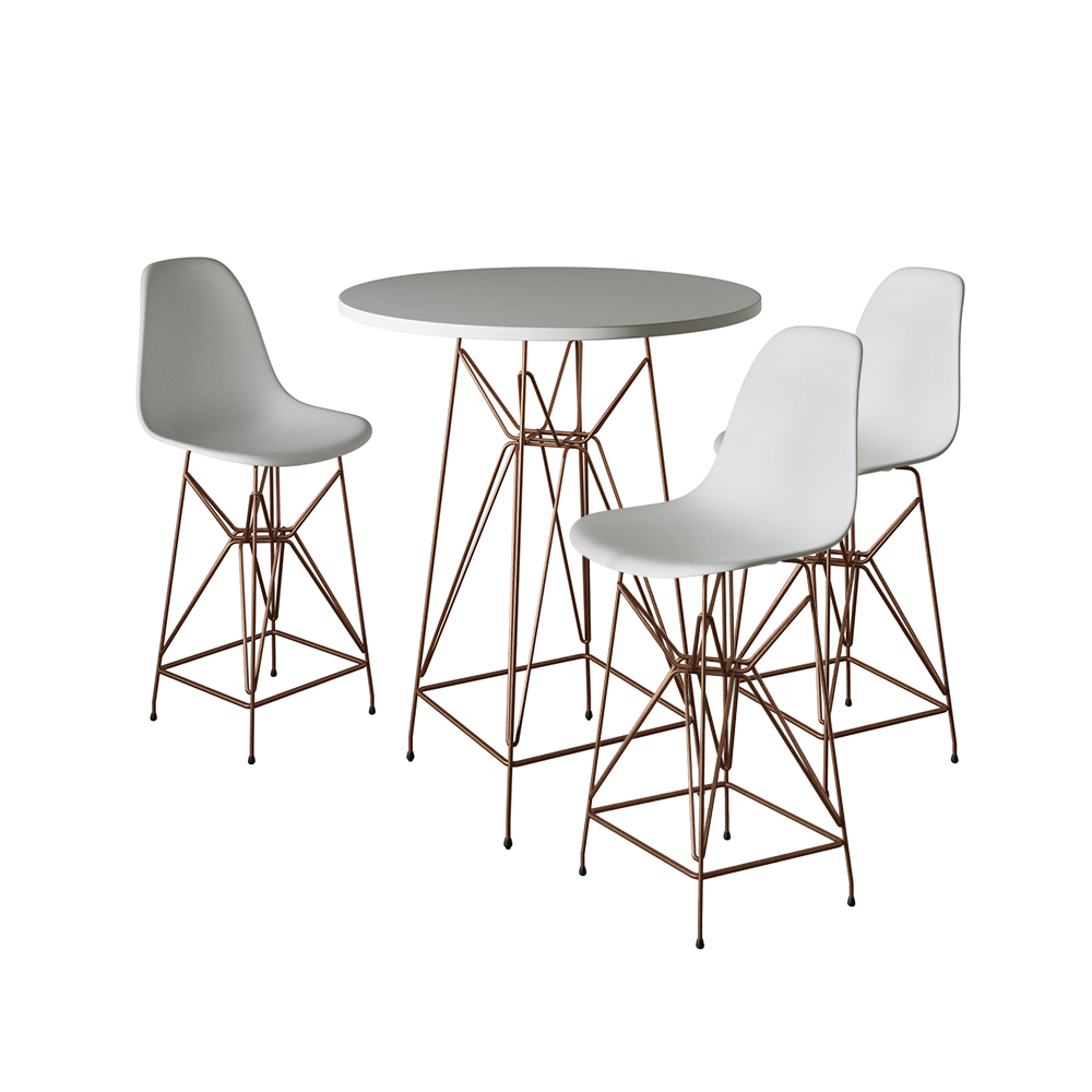Jogo Mesa Bistrô Eames Eiffel Branca  3 Banquetas Branca Base Ferro Cobre