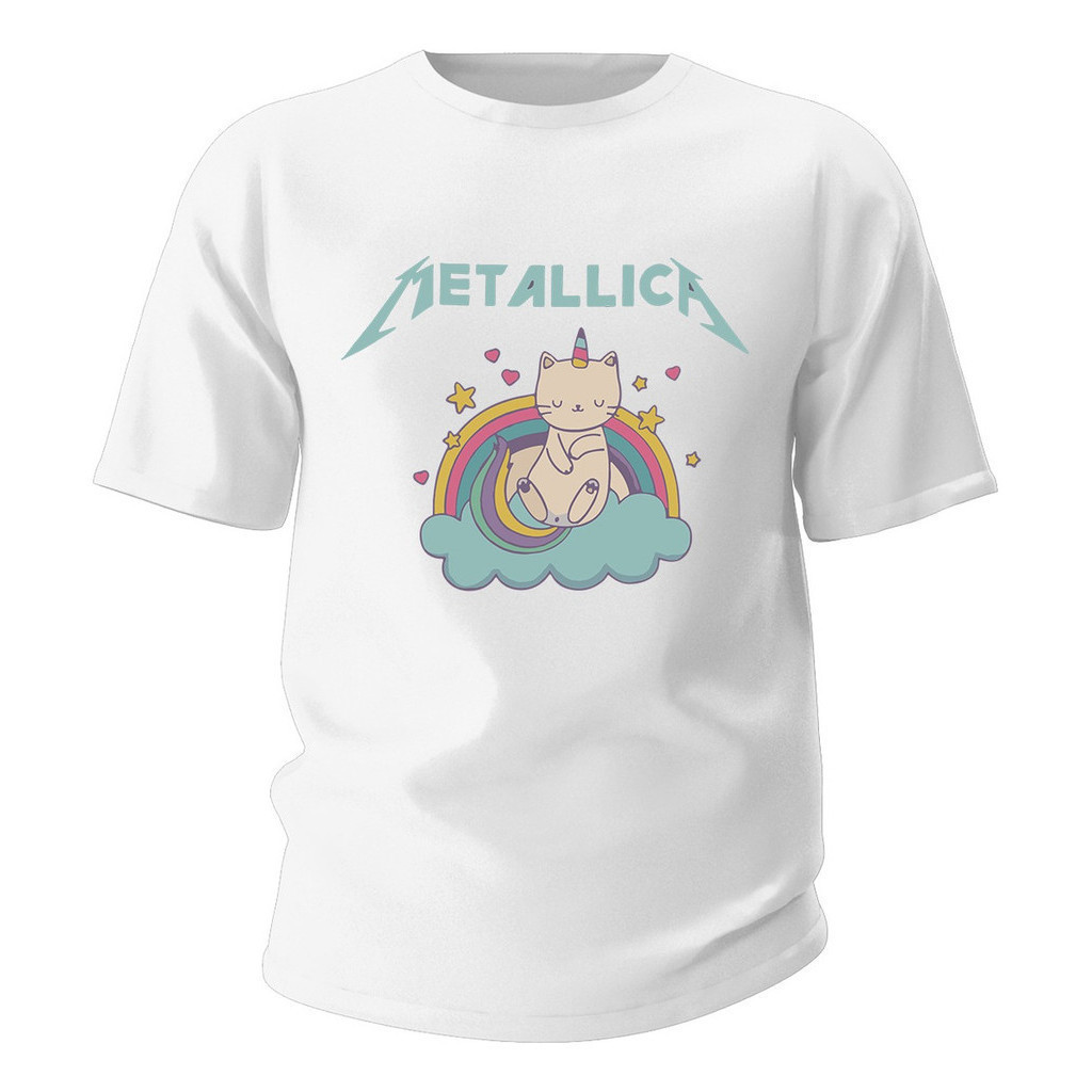 Camiseta Basica Banda Metallica Gatinho Unicornio Unissex