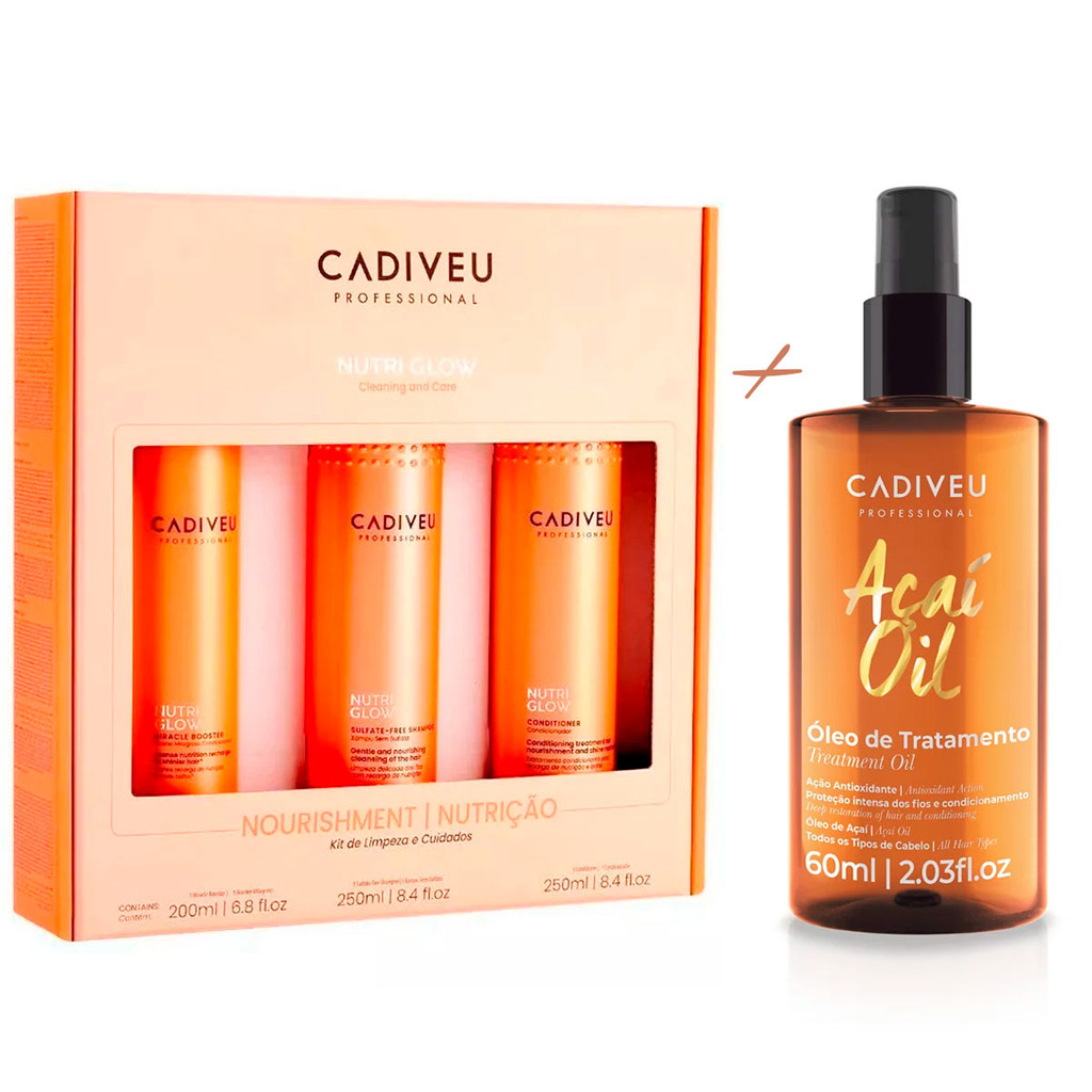Kit Cadiveu Nutri Glow Shp/Cond/Booster + Reparador Pontas Açaí 65ml