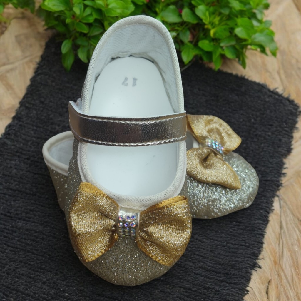 Sapatilha Sapatinho bebê menina Glitter Dourado com Laço infantil Batizado tipo Boneca