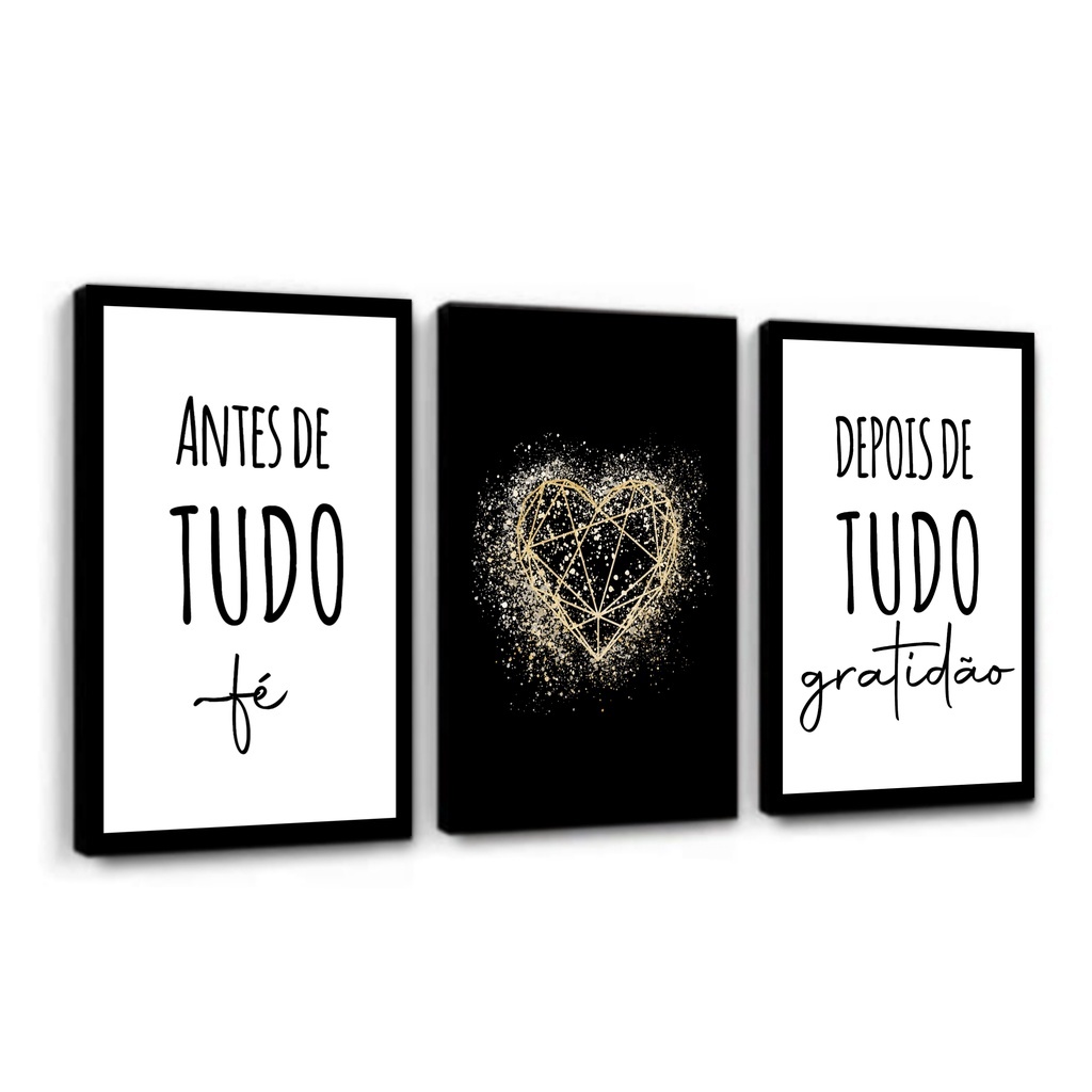 Kit Quadros Decorativos Mosaico 3 Peças Trio Frase Antes de Tudo Fé Gratidão Coração Geometrico Delicado Dourado