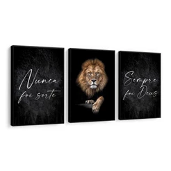 Kit Quadros Decorativos Mosaico 3 Peças Trio Frase Nunca Foi Sorte Sempre Foi Deus Salmo Leão Judá Rústico Personalizado