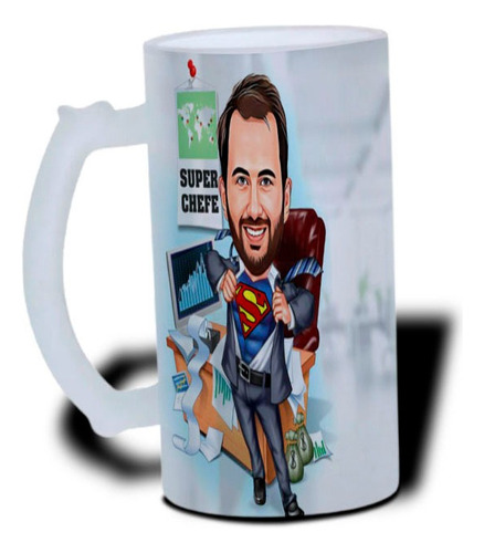 Caneca Chopp Vidro Jateada Com Caricatura Super Chefe 475 Ml
