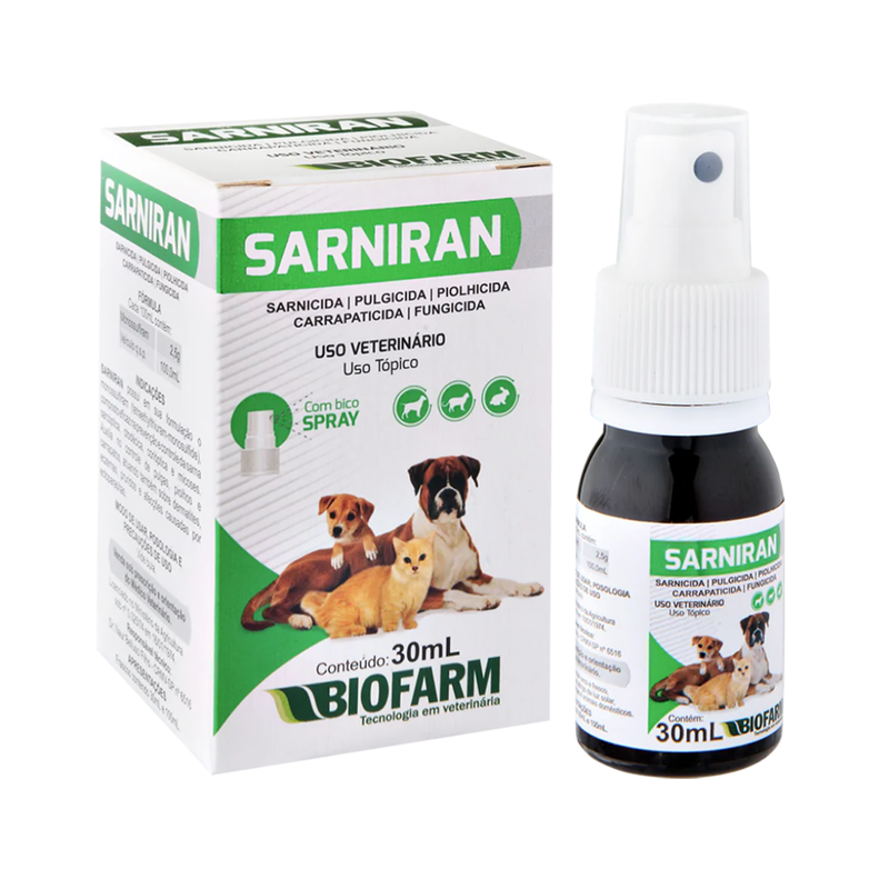 Antipulga Anticarrapato Sarna Fungicida Para Cachorro Gato Coelho SARNIRAN 30 mL
