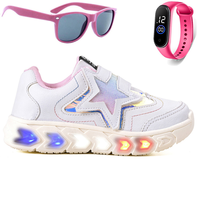 Tenis Infantil De Led Meninas Estrela Holografico Casual+ Oculos + Relogio em Oferta na Shopee