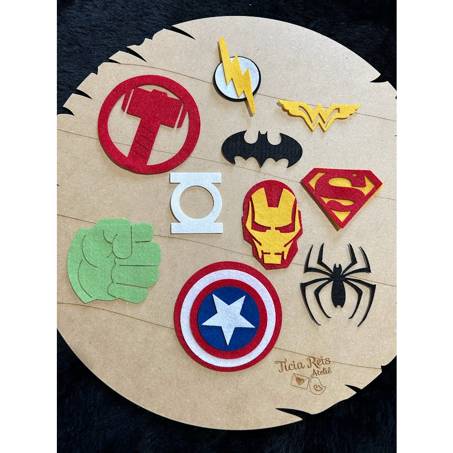 Símbolos heróis de feltro, aplique batman, superman, mulher maravilha, homem aranha, homem de ferro, capitão américa