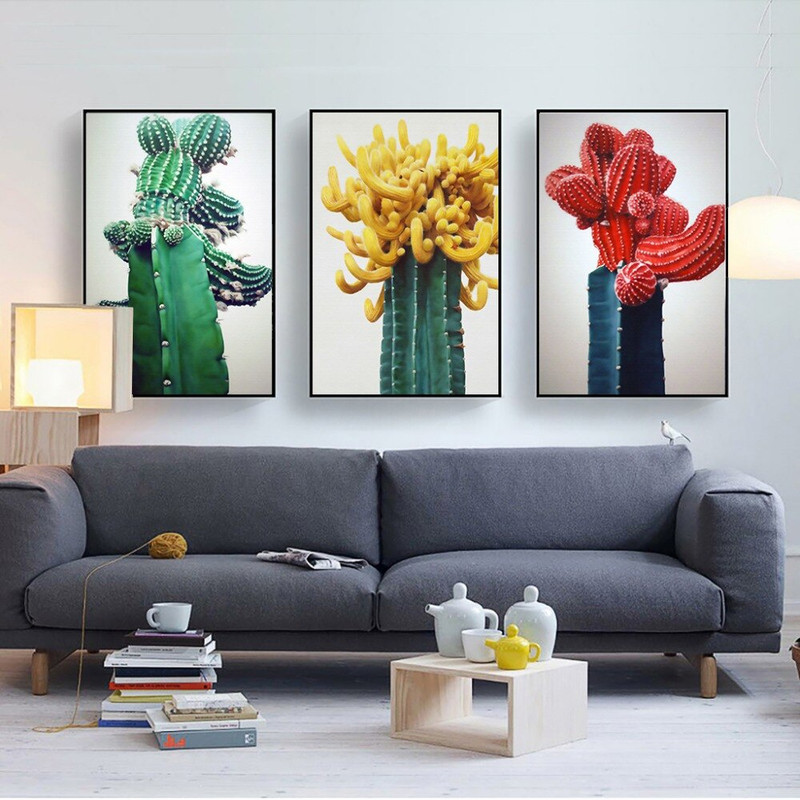 Quadro decorativo 3 peças 40x60 Abstrato cactos coloridos decoração mdf para casa sala quarto hall interiores md213