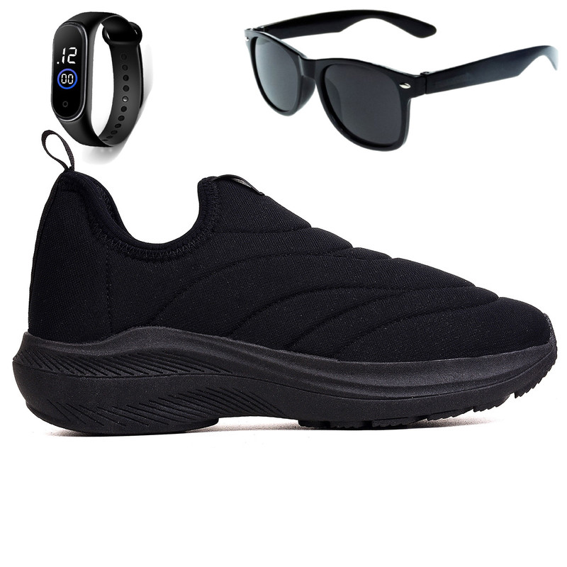 Tenis Infantil Meninos e Meninas Calce Facil Preto e Preto e Óculos e Relógio em Oferta na Shopee