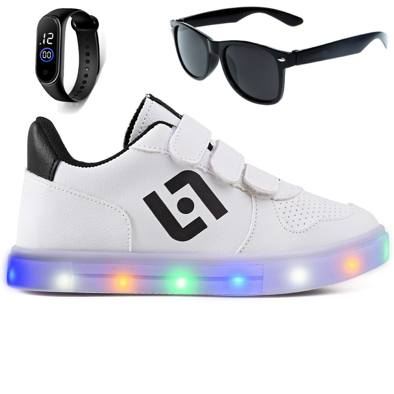 Tenis Infantil De Led Casual Escolar Sapatenis Meninos Street Calce Facil + Oculos Relogio em Oferta na Shopee