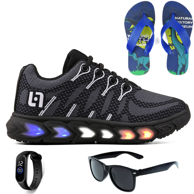 Tenis Infantil De Led Meninos Casual Preto Preto Com Luzes + Chinelo Óculos e Relógio em Oferta na Shopee