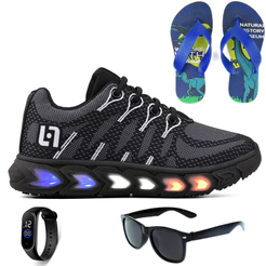Tenis Infantil De Led Meninos Casual Preto Preto Com Luzes + Chinelo Óculos e Relógio