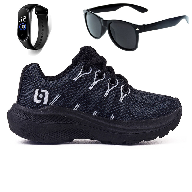 Tenis Infantil Meninos Casual Escolar Preto Preto + Óculos e Relógio em Oferta na Shopee