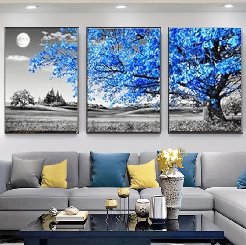 Quadros decorativos Conjunto de 3 Peças Árvore Azul com Lua para Sala de Estar, Quarto, Cozinha, Escritório