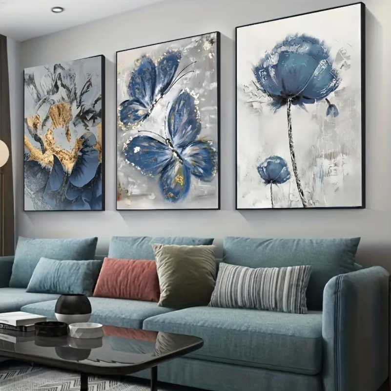 Quadros decorativos180x60cm Conjunto de 3 peças de pintura abstrata em tela sem moldura com flores Azul e Borboleta