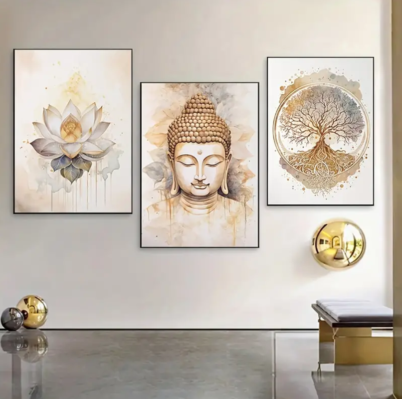 Imagem Quadros decorativos 3 peças Vários Tamanhos Buda e flor de lótus para sala de estar, decoração de tema espiritual