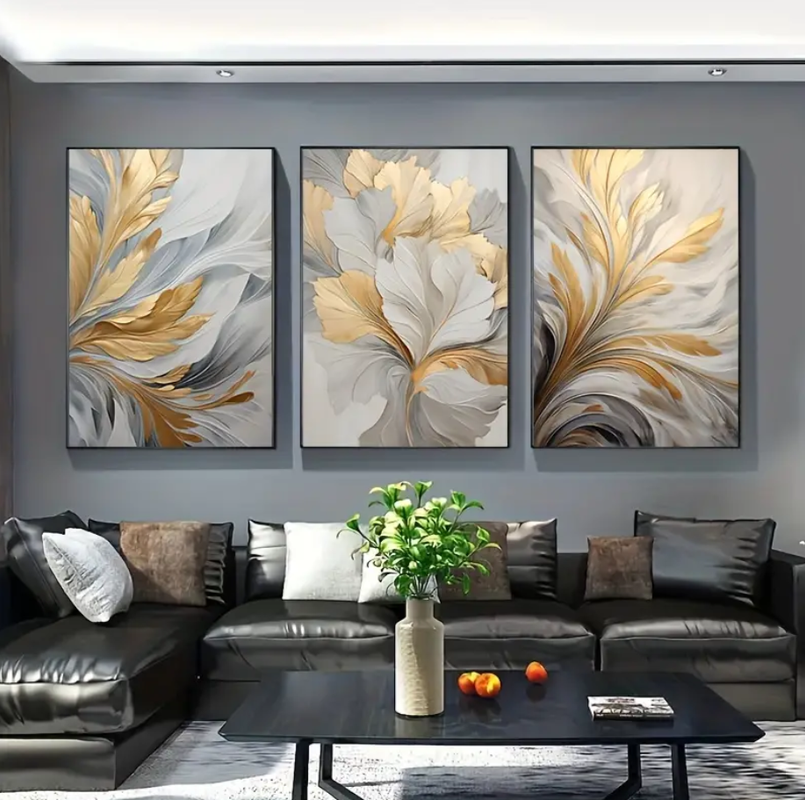 Quadros decorativos Grande180x60cm Conjunto de 3 peças de impressões em tela de luxo, pinturas de arte em tela com folhas douradas e brancas, pintura de parede para sala de estar, quarto, banheiro, es