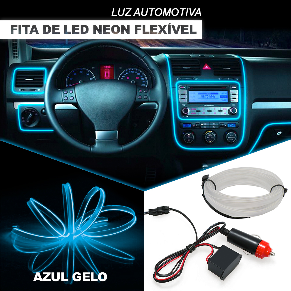 Fita Barra Led Neon P/ Painel Azul Gelo Claro Bebê Fiat Stilo 2007 2008 2009 2010 2011 5m Metros Flexível Tunning Top