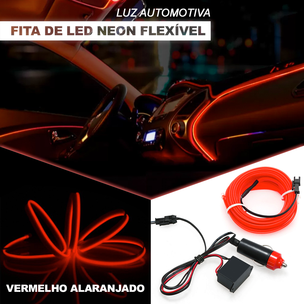Fita Barra Led Neon P/ Painel Vermelho Alaranjado Toyota Corolla 2013 2014 2015 2016 2017 5m Metros Flexível Tunning Top
