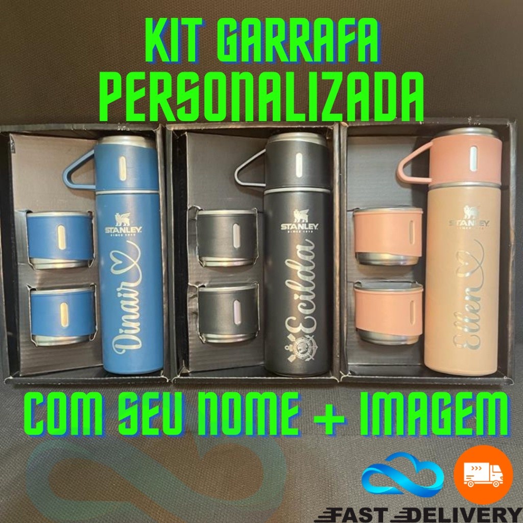 Kit Garrafa Térmica PERSONALIZADA COM SEU NOME Vacuum Flask Set Inox 500ml + 3 Xícaras - Bebidas quentes ou frias- café