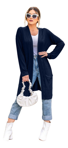 Casaco Cardigan Kimono Longo Bolso Feminino Blusa Blusinha Outono Inverno