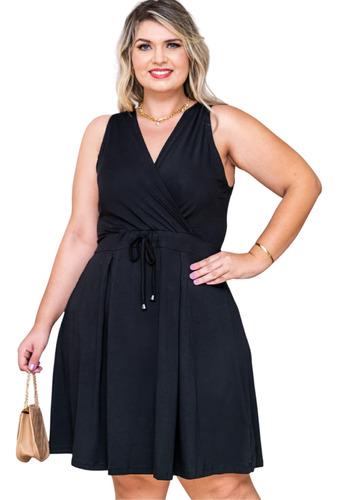 Vestido Plus Size Midi  Transpassado Decote V Social Elegante Sem Manga