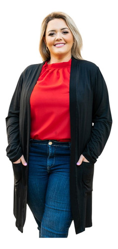 Cardigan Kimono Plus Size Longo Casaco Blusa Feminino Bolso Outono Inverno