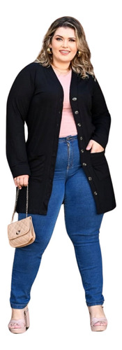Cardigan Feminino Plus Size Botão Abre e Fecha Casaco Casaquinho Kimono Blusa Outono Inverno