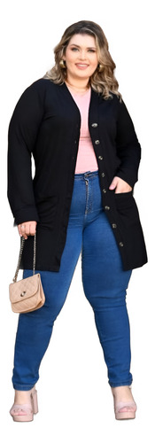 Cardigan Kimono Feminino Social Plus Size Alongado Casaco Botão Abre e Fecha C/ Bolso