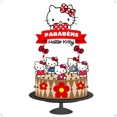 Topo De Bolo Topper De Aniversário Hello Kitty Vermelha em Oferta na Shopee