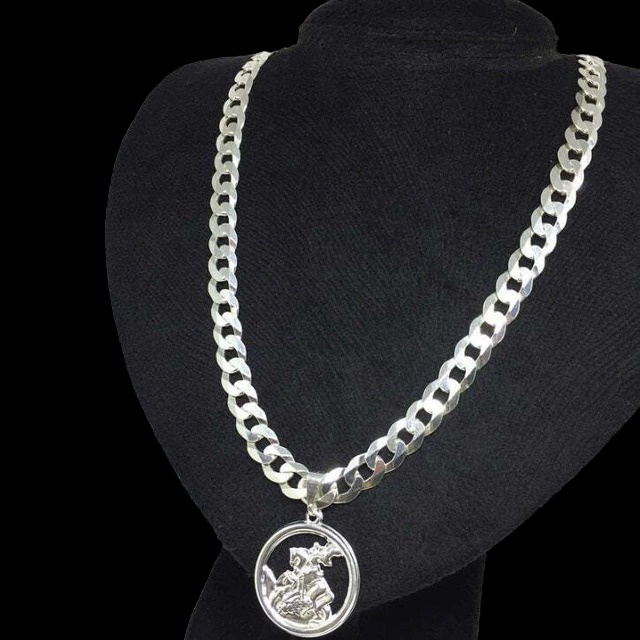 Corrente de Prata 925 Masculina Grossa  + Pingente São Jorge I Prata 925 Original Legítima Escama de Peixe