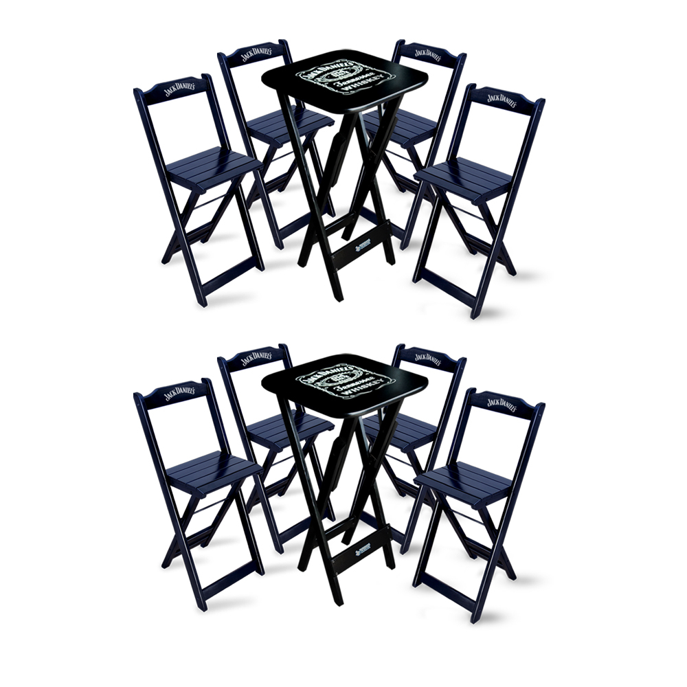 Kit 2 Conjuntos De Mesa Bistrô Dobrável Jack Daniel S Com 4 Banquetas De Madeira Preta